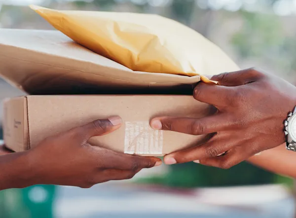 Graumarkt-Check mit Produktkauf Paketbote übergibt Paket an Kunden